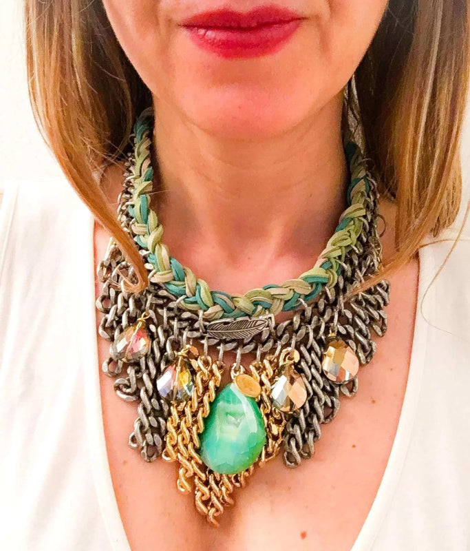 Statement choker with green agate stone and suede leather. - Necklace - British D'sire