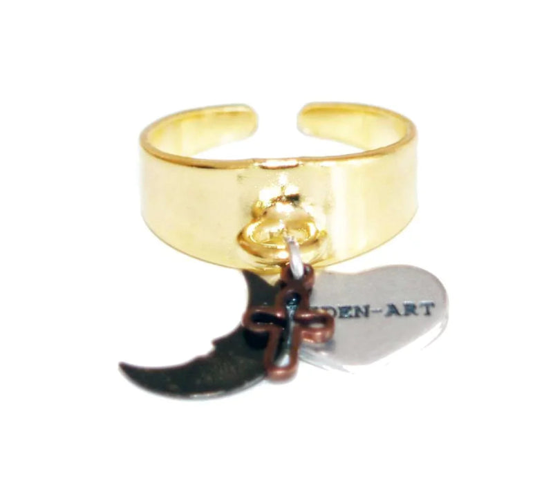 Statement ring in gold with black moon charm and cross - rings, anelli - British D'sire