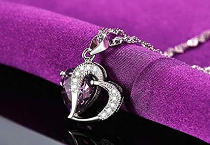 Sterling Silver Amethyst Purple Heart Crystal Pendant Necklace - Women's Necklaces & Pendants - British D'sire