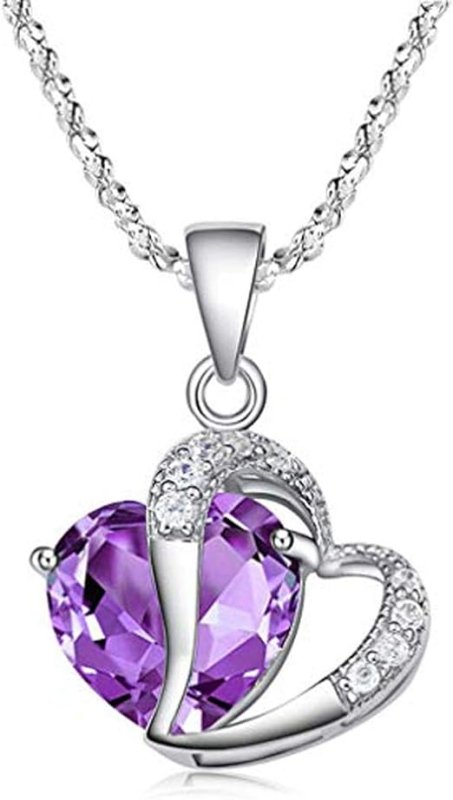 Sterling Silver Amethyst Purple Heart Crystal Pendant Necklace - Women's Necklaces & Pendants - British D'sire