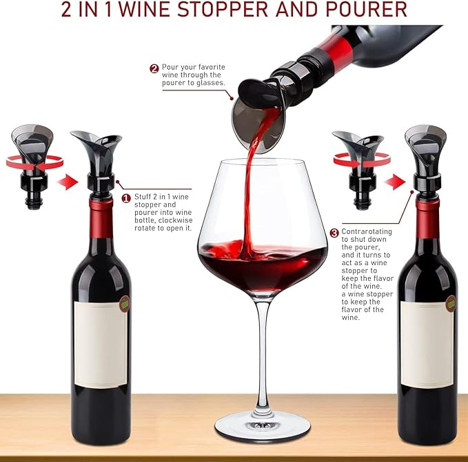Swanfort Red Wine Glasses Set of 4, Extra Large 650ML Stemmed Wine Glasses, with Creative 2 in 1 Wine Stopper and Pourer, Burgundy Wine Glasses in Gift Box for Any Occasions - British D'sire
