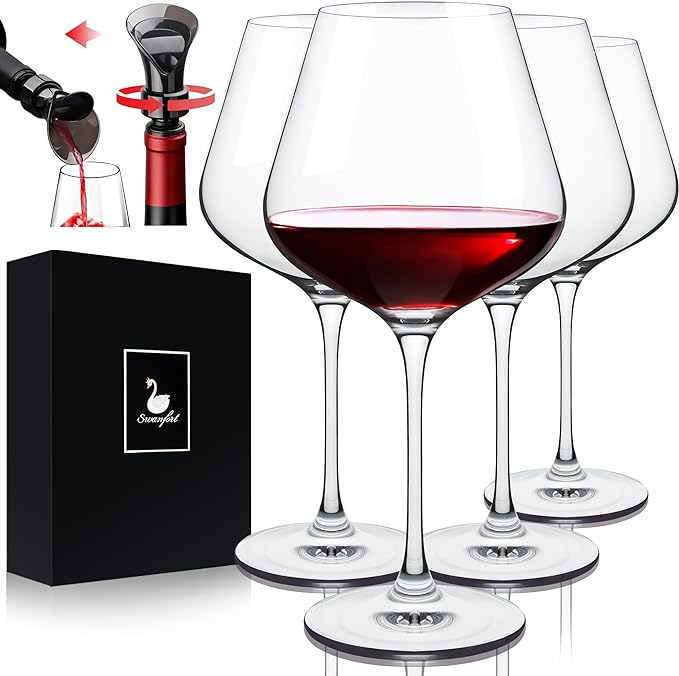 Swanfort Red Wine Glasses Set of 4, Extra Large 650ML Stemmed Wine Glasses, with Creative 2 in 1 Wine Stopper and Pourer, Burgundy Wine Glasses in Gift Box for Any Occasions - British D'sire