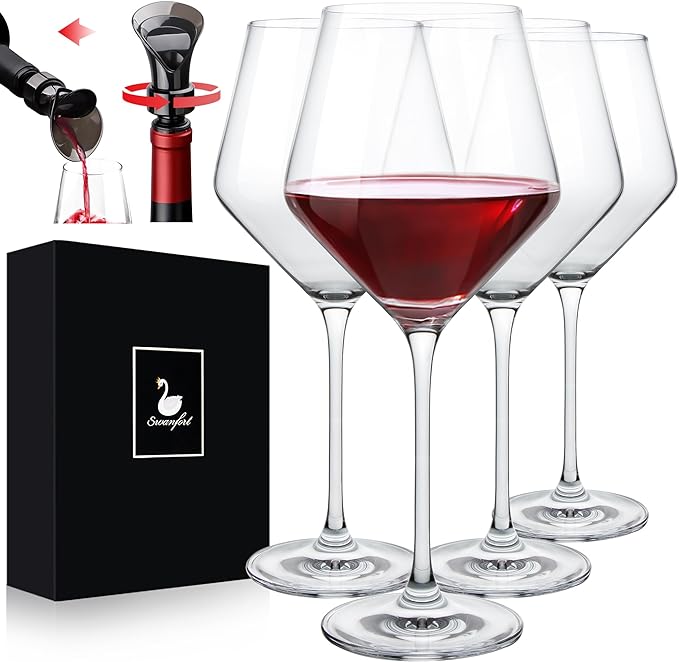 Swanfort Wine Glass Set 4,Lead-Free 484ml Red Wine Glass with Long Stem,Burgundy Wine Glasses in Gift Box, Premium Clear Wine Glass for Home Bar, Kitchen, Restaurants - British D'sire