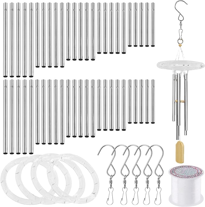 Swpeet 60Pcs Wind Chime Tubes Parts and Transparent Top Circles of Wind Chime with 100 Yard Wind Chime Wire and Swivel Hooks Clips Making Kit, Wind Chime Part Wind Chime Kit for Hanging Wind Chimes - British D'sire