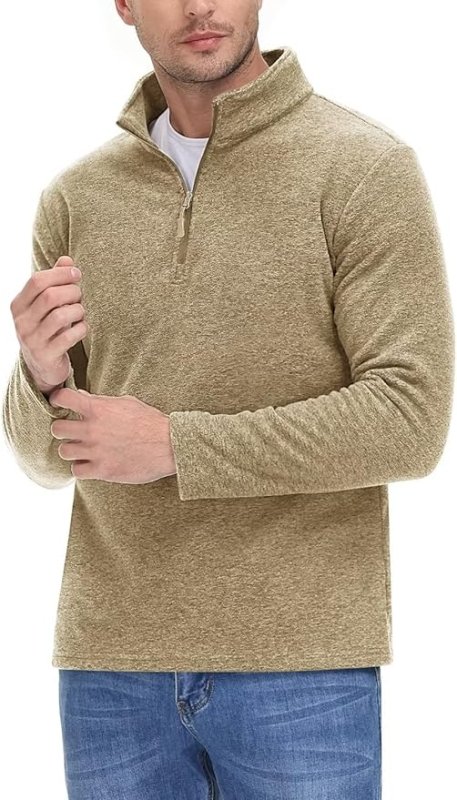 TACVASEN Half Zip Fleece for Men Pullover Sweater Long Sleeve Sweatshirt Jumper Casual Fleece Lined Pullover Shirt Khaki,L - British D'sire