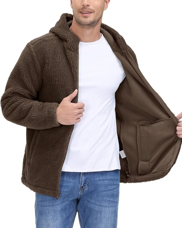 TACVASEN Men's Jacket Thick Fleece Jacket Full Zip Winter Hoodie Warm Work Jacket Windproof Hooded Jacket with Pockets - British D'sire