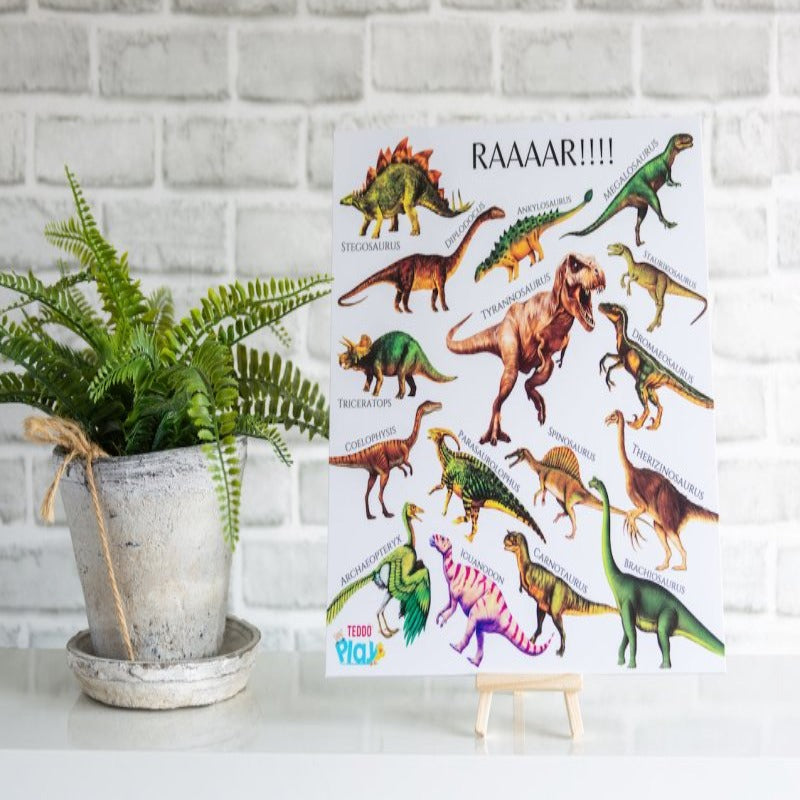 Teddo Play RAAR! Dinosaurs Portable Educational Poster Board (Large: 30x30cm) Free Wooden Tripod Stand - Learning & Education - British D'sire