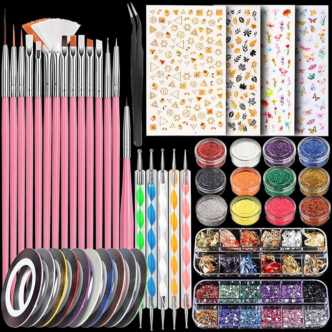 Teenitor Nail Art Kit with Nail Glitter, Nail Art Brushes & Nail Sticker for Gel Nails Art, Nail Gems Nail Accessories Tool for Teenage Girls, Nail Art Pens Nail Dotting Tool for Beginners - British D'sire