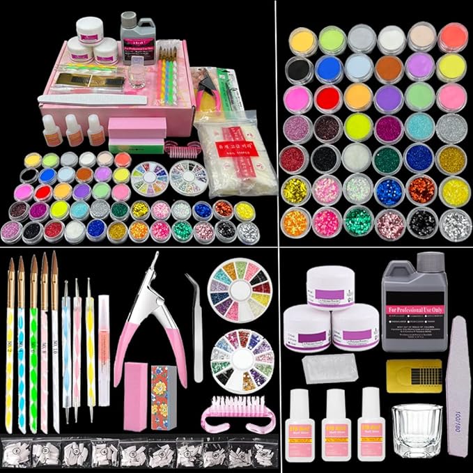 TEEROVA Nail Art Kit, 42 Acrylic Powder Liquid Brush Glitter Clipper Primer File Nail Art Tips Set Kit - British D'sire Main image