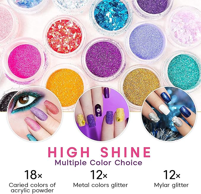 TEEROVA Nail Art Kit, 42 Acrylic Powder Liquid Brush Glitter Clipper Primer File Nail Art Tips Set Kit - British D'sire