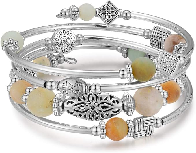 the BULINLIN Store BULINLIN Beaded Silver Bangle Wrap Bracelet for Her, Layered Bohemian Bracelets with Natural Stone, Jewellery Gifts for Women Ladies - British D'sire