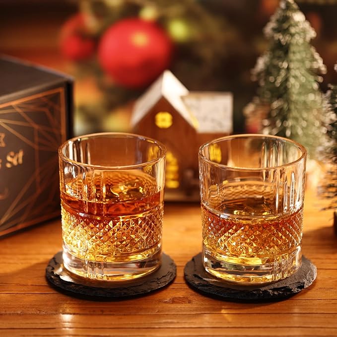Veecom Whiskey Glasses, 300ml Whisky Glass, Crystal Whisky Glasses Set of 2, 0ld Fashioned Whiskey Glass, Whisky Glass Gift Set for Men, Father Day, Whiskey Tumblers for Cocktails, Gin - British D'sire