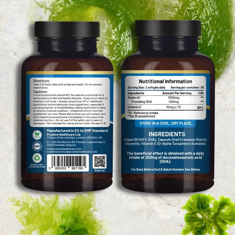 Prowise Vegan Omega-3 DHA from Algae Oil | 60 Softgels with Vitamin E | 400mg DHA + 10mg Vitamin E | 100% Plant-Based | Supports Brain, Eye, and Joint Health | Pure & Sustainable Sourced - British D'sire