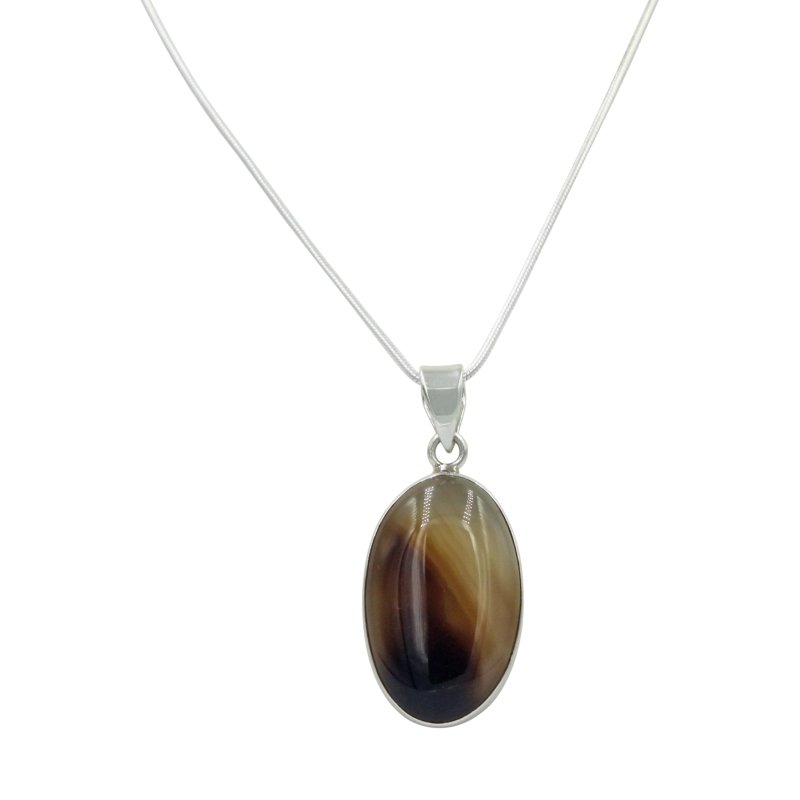 Very Beautiful Long Oval-Shaped Banded Agate Pendant Handcrafted on .925 Sterling Silver - Necklaces & Pendants - British D'sire