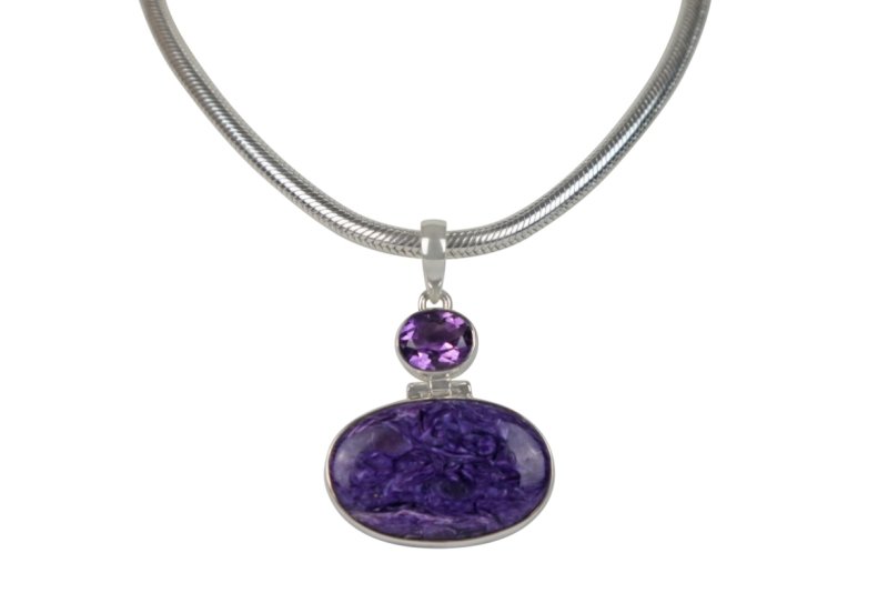 Very beautiful purple colour Oval cut Chorite pendant sitting horizontally with a very beautiful faceted Amethyst - Necklaces & Pendants - British D'sire