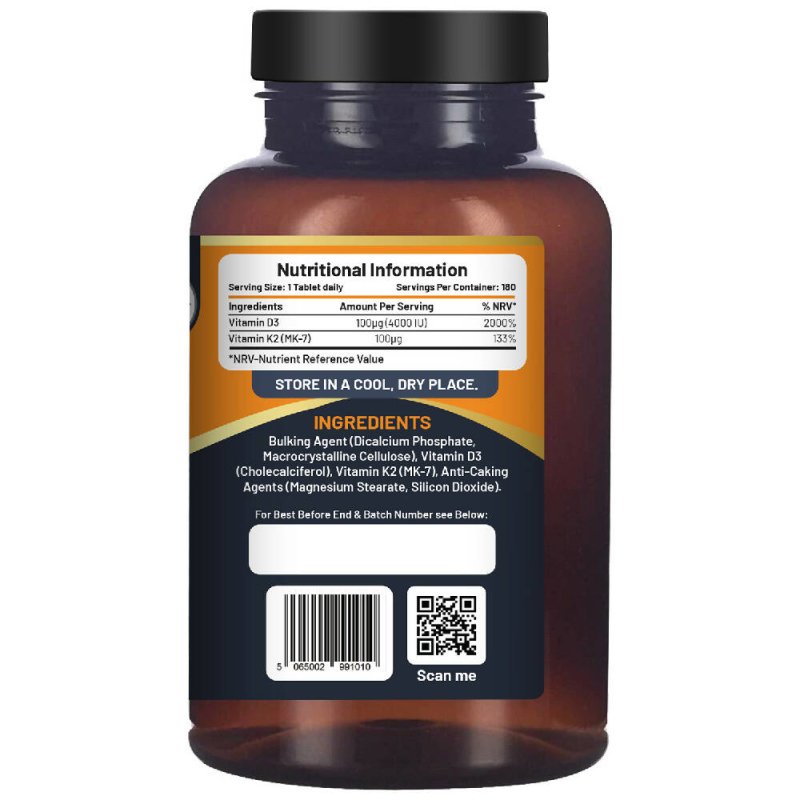 Vitamin D3 4000IU & K2 MK7 100μg Vegetarian Tablets I 180 ( 6 Months Supply) - Vitamins & Supplements - British D'sire
