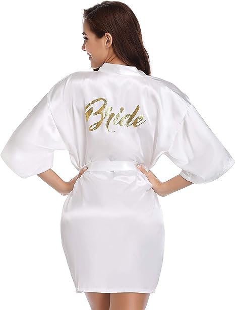 Vlazom Bride Robes Women's Kimono Robe Satin Bridesmaid Party Robes, Bridal Morning Robes with Gold Glitter or Rhinestones Secondary image
