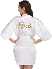 Vlazom Bride Robes Women's Kimono Robe Satin Bridesmaid Party Robes, Bridal Morning Robes with Gold Glitter or Rhinestones - Women's Robes - British D'sire