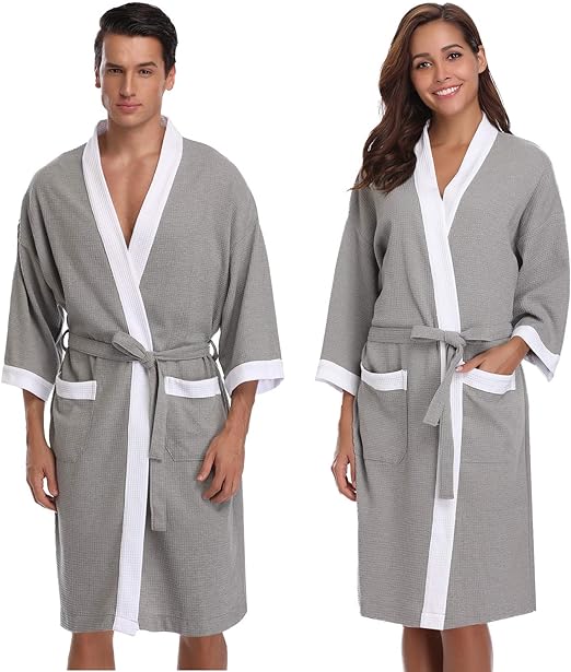 Vlazom Waffle Dressing Gowns Unisex Kimono Robe Cotton Lightweight Bathrobe for All Seasons Spa Hotel Sleepwear - Unisex Clothing's - British D'sire