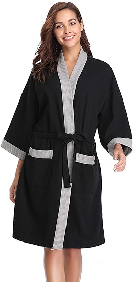 Vlazom Waffle Dressing Gowns Unisex Kimono Robe Cotton Lightweight Bathrobe for All Seasons Spa Hotel Sleepwear - Unisex Clothing's - British D'sire