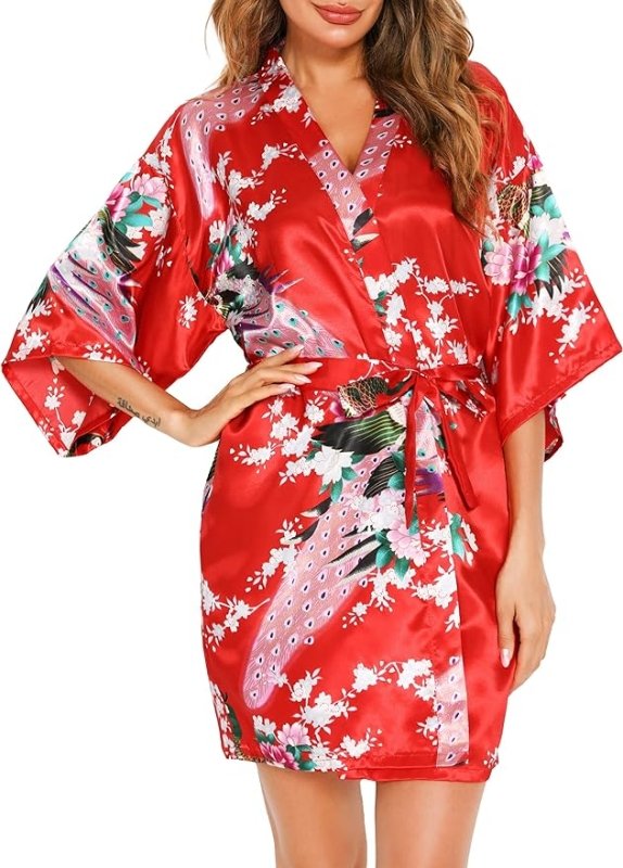 Vlazom Women Kimono Robes Satin Dressing Gown Peacock and Blossoms Sleep Lounge Nightwear Short Silk Bride Bridesmaid Robe - British D'sire