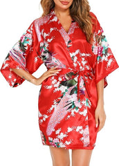 Vlazom Women Kimono Robes Satin Dressing Gown Peacock and Blossoms Sleep Lounge Nightwear Short Silk Bride Bridesmaid Robe - British D'sire