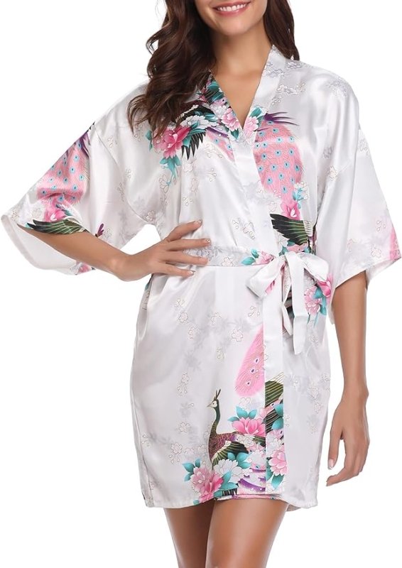 Vlazom Women Kimono Robes Satin Dressing Gown Peacock and Blossoms Sleep Lounge Nightwear Short Silk Bride Bridesmaid Robe Secondary image