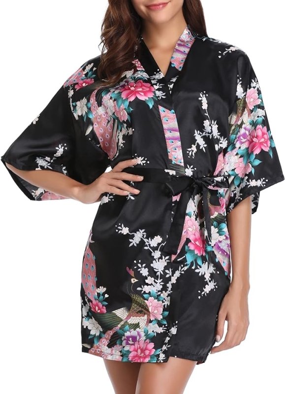 Vlazom Women Kimono Robes Satin Dressing Gown Peacock and Blossoms Sleep Lounge Nightwear Short Silk Bride Bridesmaid Robe - British D'sire