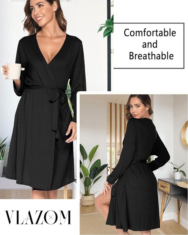Vlazom Womens Dressing Gown Soft Kimono Robe V-Neck Long Knit Bathrobe Nightwear Sleepwear for All Seasons S-XXL - British D'sire