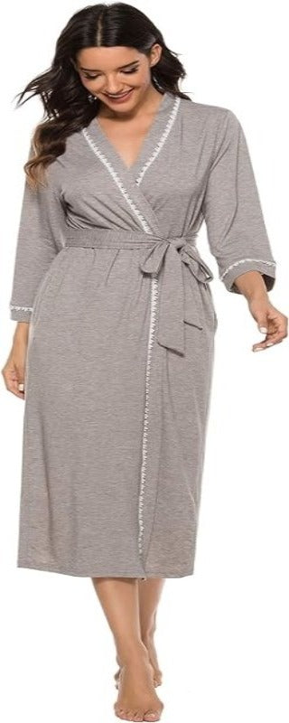 Vlazom Womens Dressing Gown Soft Kimono Robe V-Neck Long Knit Bathrobe Nightwear Sleepwear for All Seasons S-XXL - British D'sire