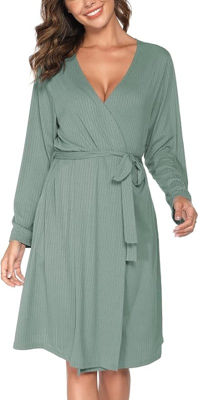 Vlazom Womens Dressing Gown Soft Kimono Robe V-Neck Long Knit Bathrobe Nightwear Sleepwear for All Seasons S-XXL - British D'sire