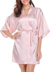 Vlazom Womens Kimono Robes Dressing Gown Satin Bathrobe Nightdress Short Style Bridal Robe with Oblique V-Neck - British D'sire