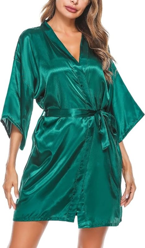 Vlazom Womens Kimono Robes Dressing Gown Satin Bathrobe Nightdress Short Style Bridal Robe with Oblique V-Neck - British D'sire