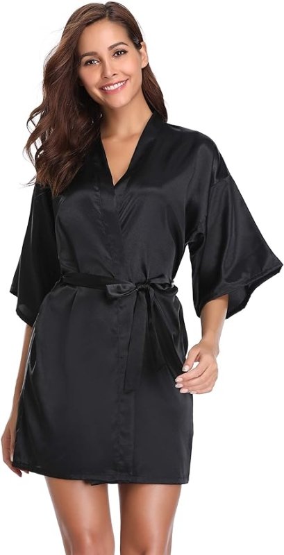 Vlazom Womens Kimono Robes Dressing Gown Satin Bathrobe Nightdress Short Style Bridal Robe with Oblique V-Neck - British D'sire Main image