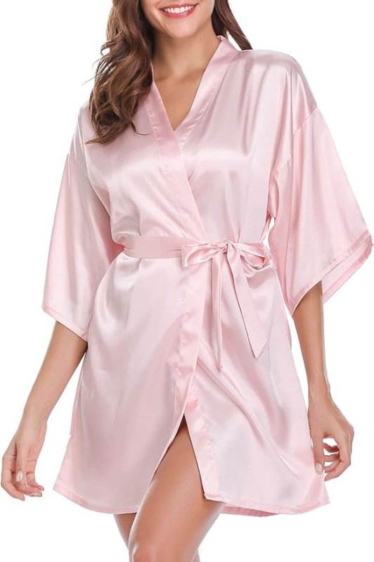 Vlazom Womens Kimono Robes Dressing Gown Satin Bathrobe Nightdress Short Style Bridal Robe with Oblique V-Neck - British D'sire