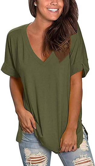 Voqeen Womens Short Sleeve T-Shirt V Neck Basic Summer Tee Tops Ladies Solid Casual Loose Shirts - Women's Top - British D'sire