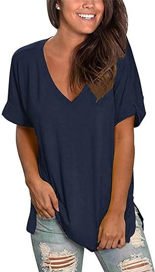 Voqeen Womens Short Sleeve T-Shirt V Neck Basic Summer Tee Tops Ladies Solid Casual Loose Shirts - Women's Top - British D'sire