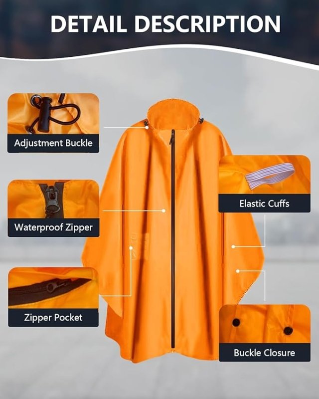 Waterproof Poncho Adult 2023 Upgraded Fabric Reusable Lightweight poncho waterproof adult Zipper Pocket Elastic Cuffs rain poncho adult Waterproof for Outdoor Hiking Cycling Waterproof Raincoat - British D'sire