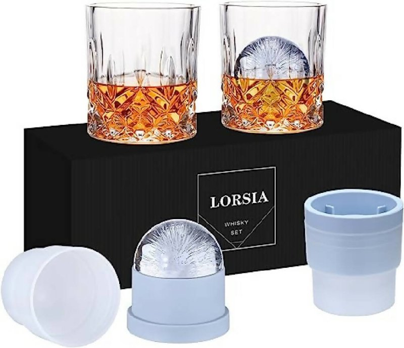 Whisky Glass, Set of 4 (2 Crystal Tumbler Glasses, 2 Large Ice Ball Moulds) in Gift Box | 300ml Whiskey Glasses - Glasswares & Drinkwares - British D'sire