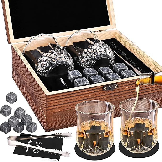 Whisky Stones and Glasses Gift Set, GOLDGE Whisky Granite Chilling Stones, 8 Whisky Stones + 2 Glasses + 2 Coasters (in Luxury Wooden Box), Present for Dad, Husband, Men - British D'sire