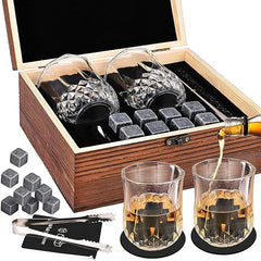 Whisky Stones and Glasses Gift Set, GOLDGE Whisky Granite Chilling Stones, 8 Whisky Stones + 2 Glasses + 2 Coasters (in Luxury Wooden Box), Present for Dad, Husband, Men - British D'sire