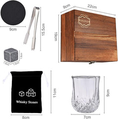 Whisky Stones and Glasses Gift Set, GOLDGE Whisky Granite Chilling Stones, 8 Whisky Stones + 2 Glasses + 2 Coasters (in Luxury Wooden Box), Present for Dad, Husband, Men - British D'sire