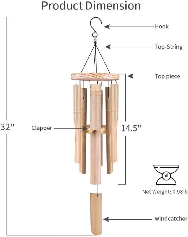 Wind Chimes Bamboo, Outdoor Garden & Indoor Wind Chime with Natural Relaxing Soothing Sound, 6 Hand-Carved Bamboo Tubes and a Hook, Classic Style Great for Home Decoration Gifts (Hanging Length 83cm) - British D'sire