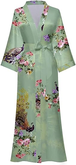 Women Long Satin Kimono Dressing Silky Floral Robe Printed Kimono | Cardigan Lightweight for Bridal Dressing One Size - Women's Robe - British D'sire