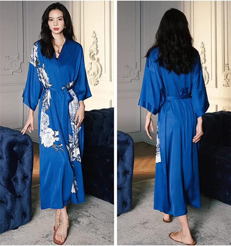 Women Long Satin Kimono Dressing Silky Floral Robe Printed Kimono Cardigan Lightweight Pyjamas for Bridal Dressing Gowns Party - Women's Accessories - British D'sire