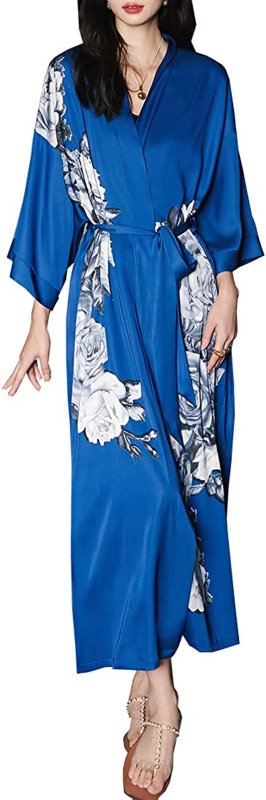 Women Long Satin Kimono Dressing Silky Floral Robe Printed Kimono Cardigan Lightweight Pyjamas for Bridal Dressing Gowns Party - Women's Accessories - British D'sire