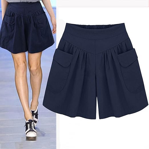 Women Summer Loose Casual Shorts Culottes Elastic Waist Wide Leg Shorts with Pockets - Women's Shorts and tops Sets - British D'sire