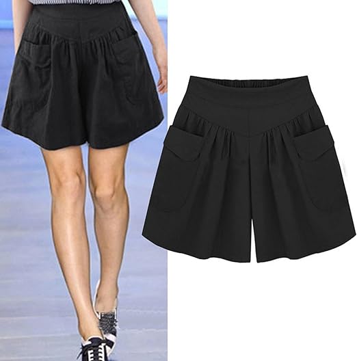Women Summer Loose Casual Shorts Culottes Elastic Waist Wide Leg Shorts with Pockets - Women's Shorts and tops Sets - British D'sire