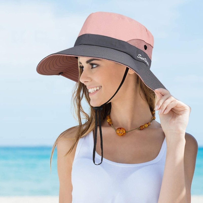 Women Sun Hat Wide Brim Outdoor UV Protection Summer Ponytail Hat Foldable  Mesh Beach Fisherman'S Cap for Gardening Travel Hiking Fishing 56-58CM  (Pink) - British D'sire