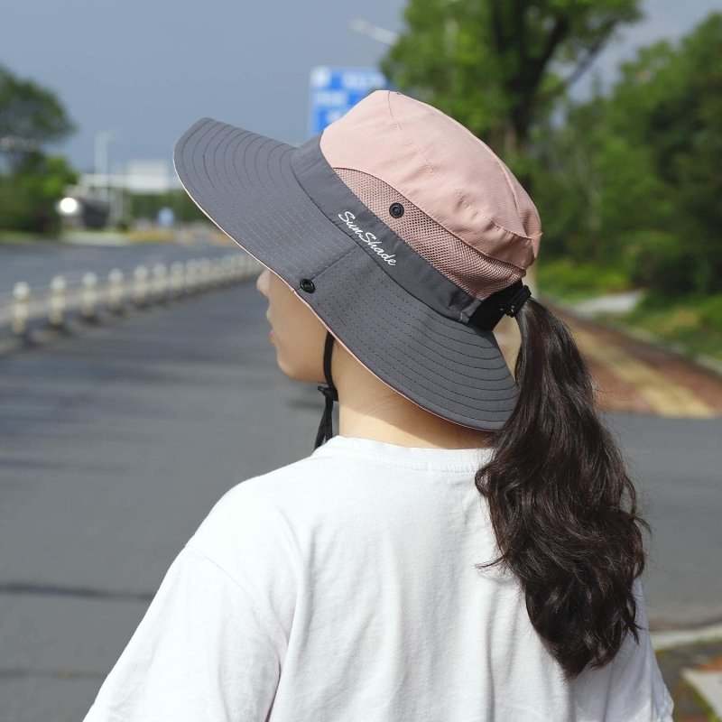 Women Sun Hat Wide Brim Outdoor UV Protection Summer Ponytail Hat Foldable Mesh Beach Fisherman'S Cap for Gardening Travel Hiking Fishing 56-58CM (Pink) - Womens Headwear - British D'sire